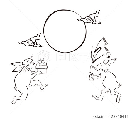鳥獣戯画風月見の準備をするウサギのイラスト 鳥獣戯画風月見の準備をするウサギのイラスト 128850416