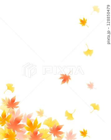 舞い落ちる紅葉とイチョウの葉のカラフルな水彩背景イラスト 舞い落ちる紅葉とイチョウの葉のカラフルな水彩背景イラスト 128850479