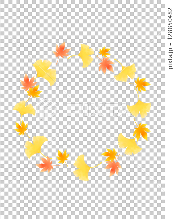 Colorful watercolor illustration frame of autumn leaves and ginkgo leaves (circular) Colorful watercolor illustration frame of autumn leaves and ginkgo leaves (circular) 128850482