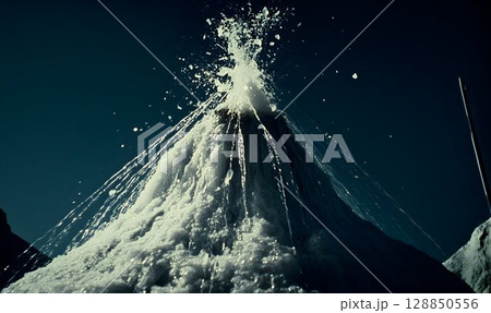 Glacial Geyser Erupting in Dramatic Mountain Scenery 128850556