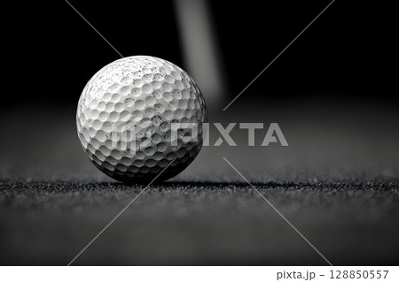 Monochrome golf ball resting on dark turf with blurred backgroun 128850557