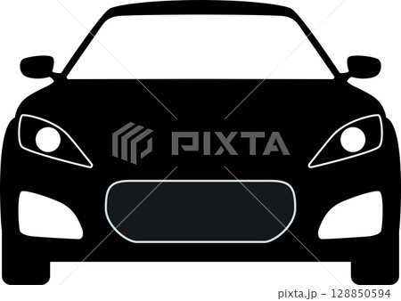 真正面から見たスポーツカーの白黒のイラスト 128850594
