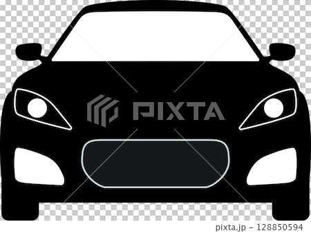 真正面から見たスポーツカーの白黒のイラスト 128850594