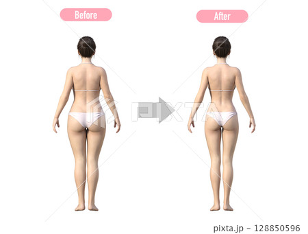 ダイエットに成功した女性のビフォーアフター 比較イラスト 全身後ろ姿 ダイエットに成功した女性のビフォーアフター 比較イラスト 全身後ろ姿 128850596