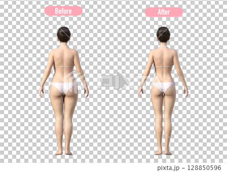 成功減肥的女性減肥前後對比圖，全身，背影 128850596