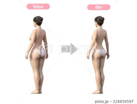 ダイエットに成功した女性のビフォーアフター 比較イラスト 全身斜め後ろ 128850597