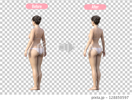 ダイエットに成功した女性のビフォーアフター 比較イラスト 全身斜め後ろ 128850597