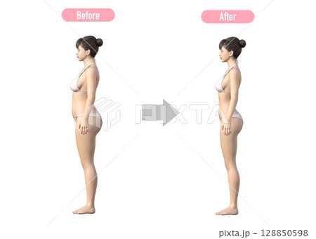 ダイエットに成功した女性のビフォーアフター 比較イラスト 全身横向き ダイエットに成功した女性のビフォーアフター 比較イラスト 全身横向き 128850598