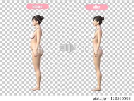 成功減肥女性的前後對比圖（全身、側面） 128850598