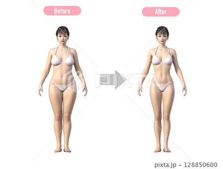 ダイエットに成功した女性のビフォーアフター 比較イラスト 全身正面 128850600