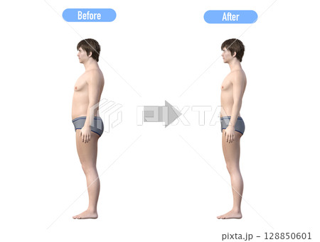 ダイエットに成功した男性のビフォーアフター 比較イラスト 全身横向き ダイエットに成功した男性のビフォーアフター 比較イラスト 全身横向き 128850601
