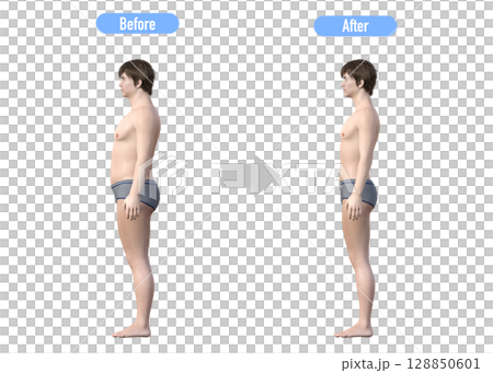 ダイエットに成功した男性のビフォーアフター 比較イラスト 全身横向き ダイエットに成功した男性のビフォーアフター 比較イラスト 全身横向き 128850601