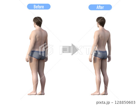 ダイエットに成功した男性のビフォーアフター 比較イラスト 全身斜め後ろ 128850603