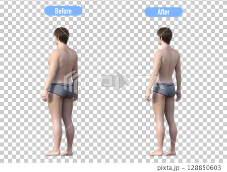 ダイエットに成功した男性のビフォーアフター 比較イラスト 全身斜め後ろ 128850603