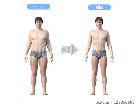 ダイエットに成功した男性のビフォーアフター 比較イラスト 全身正面 128850605