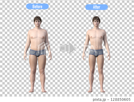 ダイエットに成功した男性のビフォーアフター 比較イラスト 全身正面 128850605