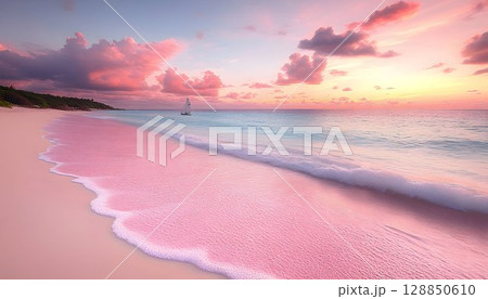 Pink Sand Beach at Dusk with Sailboat and Pastel Clouds 128850610