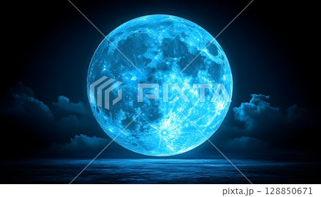 Enchanting Blue Moon Over a Calm Sea 128850671