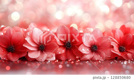 Dew-Kissed Coral Blooms Against a Sparkling Background 128850680