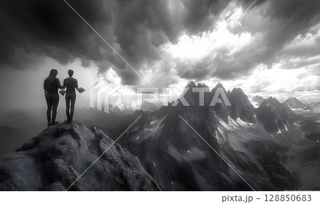 Two Figures on Mountain Peak, Dramatic Cloudscape 128850683