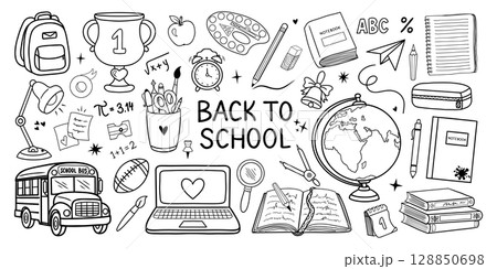 Back to School Doodle Sketch School supplies set 128850698