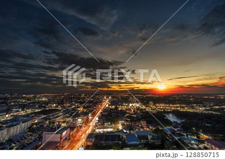 Aerial view of Nakhon Ratchasima city or Korat at sunset, Thailand 128850715