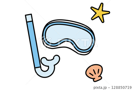 シュノーケルとシュノーケリングマスクのシンプルな線画イラスト、夏のイラスト、白黒 128850719