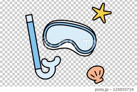 シュノーケルとシュノーケリングマスクのシンプルな線画イラスト、夏のイラスト、白黒 128850719