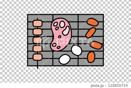 簡單的線條畫插圖,上面有配料的燒烤架,夏季插圖,黑色和白色 簡單的線條畫插圖,上面有配料的燒烤架,夏季插圖,黑色和白色 128850724