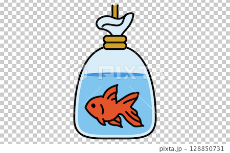 金魚すくいですくった金魚のシンプルな線画イラスト、夏のイラスト、白黒 128850731