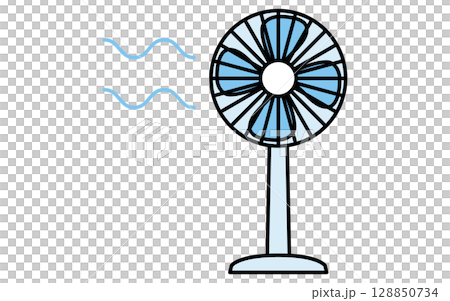 Simple line drawing illustration of an electric fan, summer illustration, black and white 128850734
