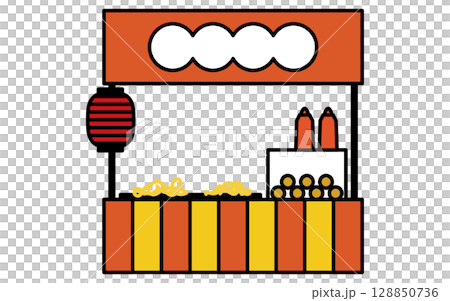 焼きそばの屋台のシンプルな線画イラスト、夏のイラスト、白黒 128850736