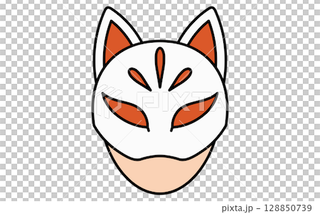 Simple line drawing illustration of a child wearing a fox mask, summer illustration, black and white Simple line drawing illustration of a child wearing a fox mask, summer illustration, black and white 128850739