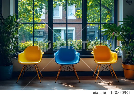 Three colorful chairs sit before a window with a view of a brick 128850901