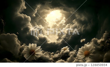Celestial Daisies: Golden Light Piercing Dark Cloudscape 128850934