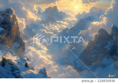 Golden Hour Illuminates Snowy Mountain Peaks Through a Sea of Cl 128850936
