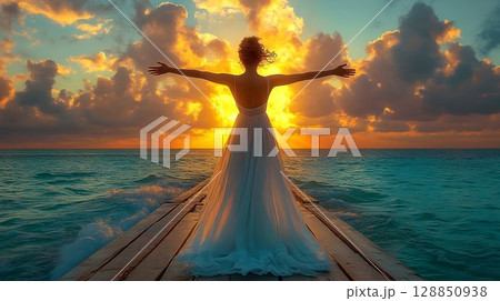 Woman in White Dress Embraces Sunset Ocean View 128850938