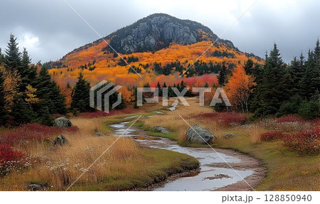 Autumnal Mountain Vista with Winding Stream and Vibrant Foliage 128850940