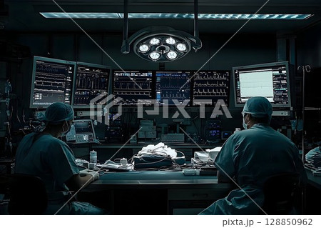 Intense surgical monitoring: Surgeons analyzing patient data on 128850962