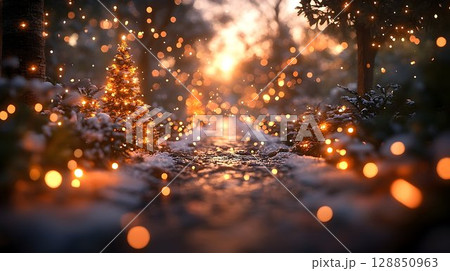 Golden Christmas Tree Glows in Snowy Forest Path at Sunset with 128850963