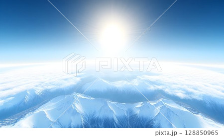 High-Altitude View of Snowy Mountain Ranges with a Bright Sun High-Altitude View of Snowy Mountain Ranges with a Bright Sun 128850965