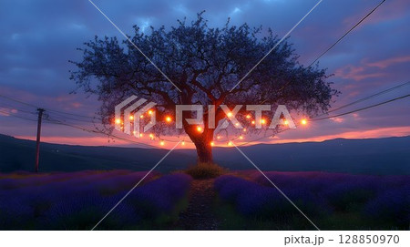 Illuminated Tree in Lavender Field at Dusk with Power Lines and 128850970