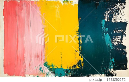Textured Color Field Painting with Pink, Yellow, and Teal Brushs Textured Color Field Painting with Pink, Yellow, and Teal Brushs 128850972