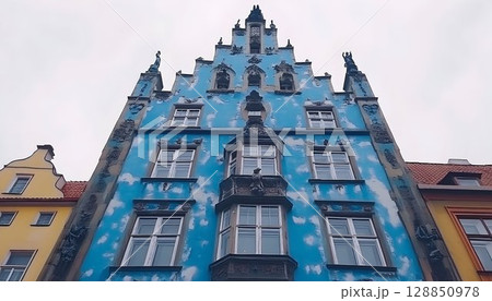 A Striking Blue Building with Architectural Details in a Citysca 128850978