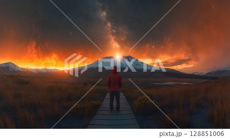 Solitary Figure on Wooden Path, Fiery Sunset Volcano 128851006