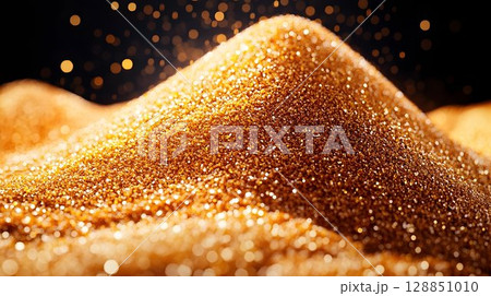 Golden Glitter Mound with Sparkling Bokeh Background 128851010