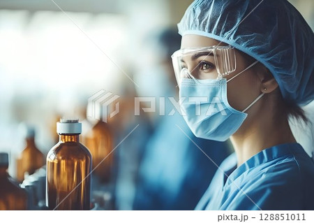 Focused healthcare worker in mask and goggles amidst amber vials 128851011