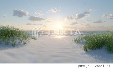 Serene Sunset Beachscape: Gentle Waves and Coastal Grass 128851021