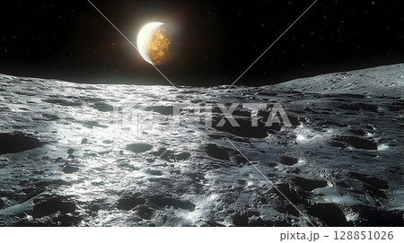 Barren Lunar Landscape with a Distant Ringed Planet and Starry S Barren Lunar Landscape with a Distant Ringed Planet and Starry S 128851026