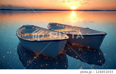 Two illuminated rowboats mirroring sunset on tranquil water surf 128851033